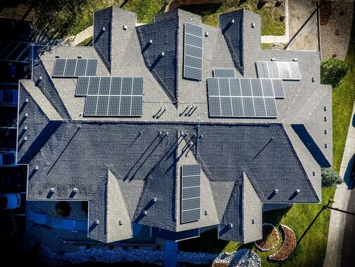 Aerial view of roof with solar panels
